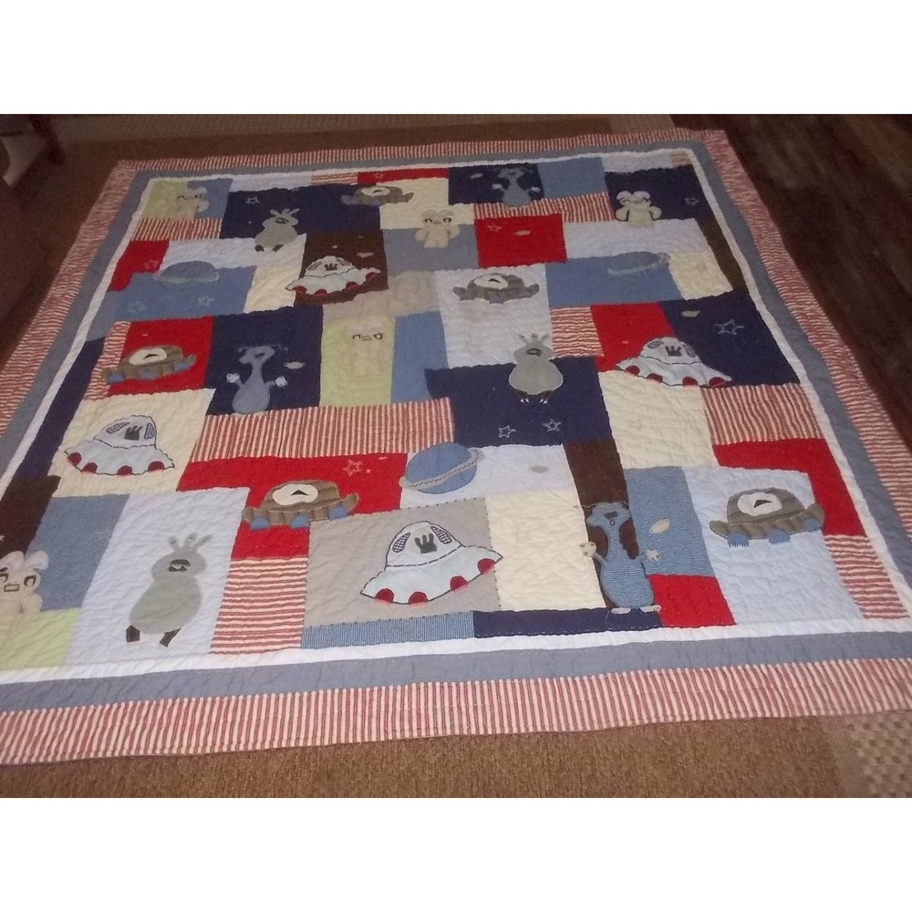 Pottery Barn Kids Outer Space Alien UFO Quilt Full Queen Blue Red Cotton Bedding
